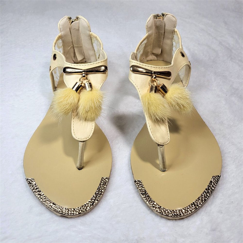 SilverDew Beige Summer Sandals Faux Fur Pom Poms